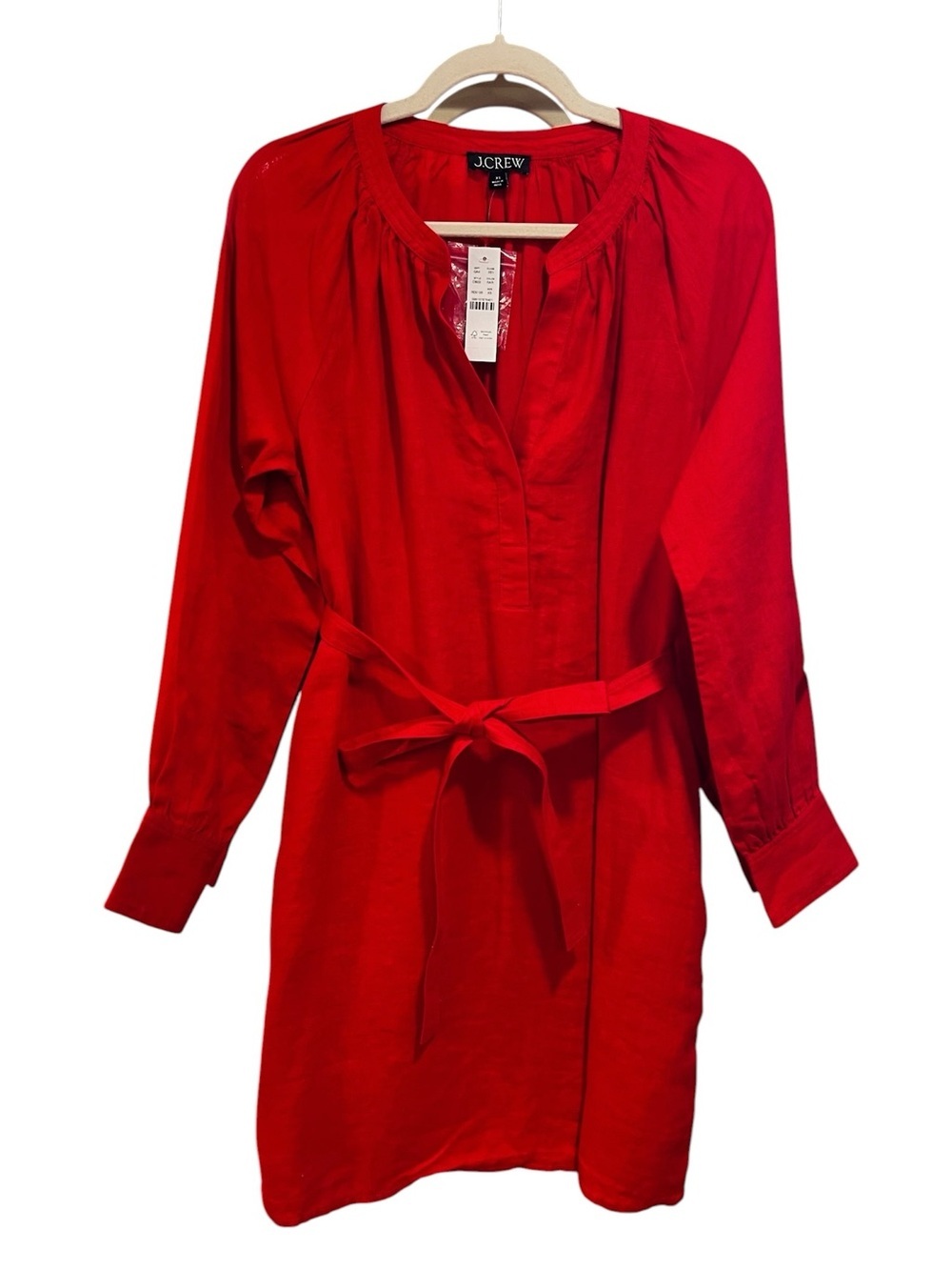 J. Crew Cabana Linen Long Sleeve Dress Red Size XS NWT Beach Resort Classic